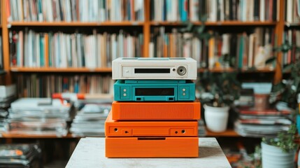 A stack of colorful audio cassette players sits on a table, surrounded by bookshelves filled with numerous books.