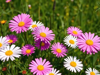 Fototapeta premium Vibrant pink daisies with white centers and yellow petals in a field, garden flowers, daisy field, flower field