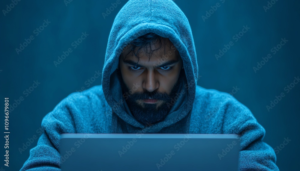 Poster digital hacker with a hood, working on a laptop with security warnings flashing across the screen, b
