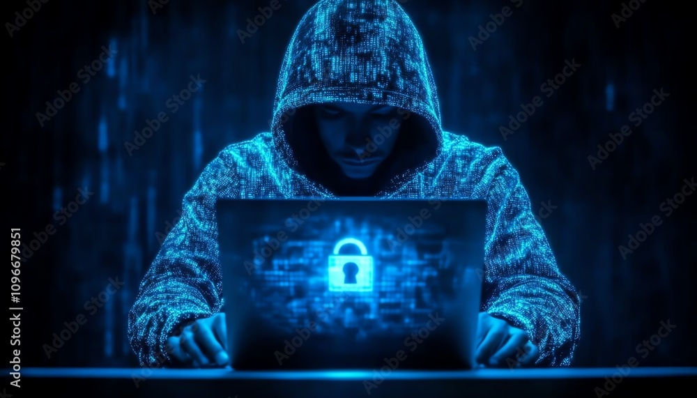 Poster digital hacker with a hood, working on a laptop with security warnings flashing across the screen, b