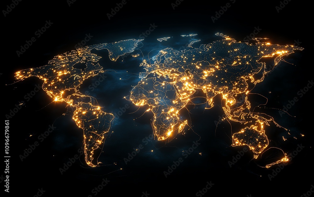 Poster digital world map with illuminated virtual network pathways on a dark background, 3d rendering, cybe