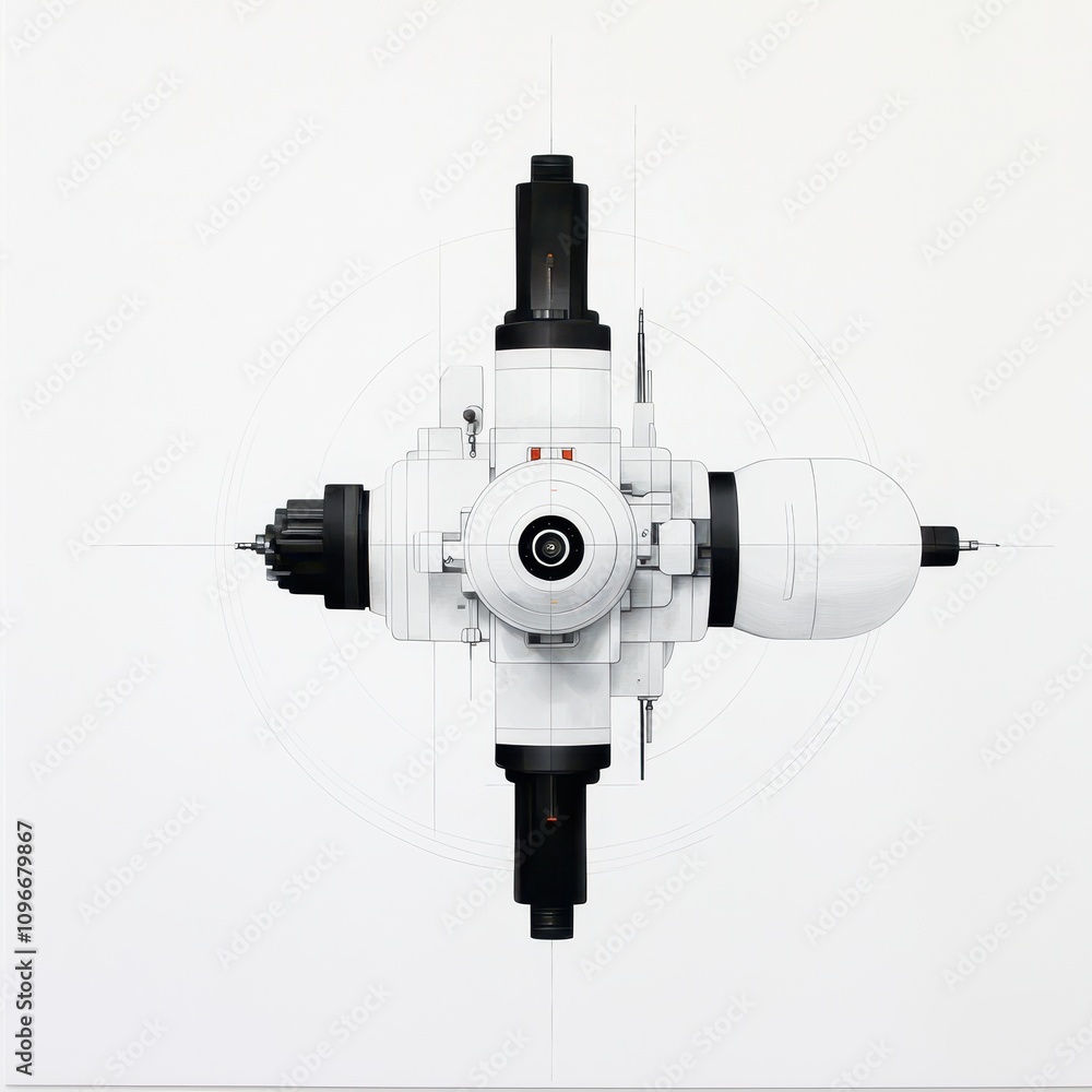 Poster a symmetrical, futuristic design featuring a central round element with protruding components, evoki