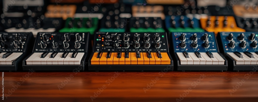 Poster a close-up view of colorful synthesizers arranged in a row on a wooden surface, showcasing various k