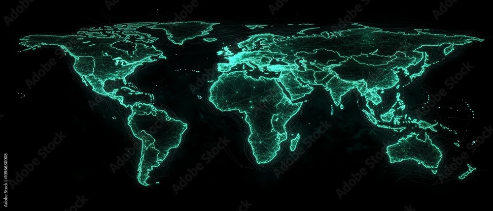 Poster digital world map with glowing virtual network lines on a dark background, 3d rendering, futuristic 