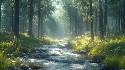 Fototapeta premium Misty Forest Stream: A Serene Escape into Nature's Embrace