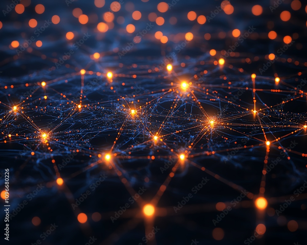 Aufkleber glowing virtual network connecting a digital world map on a dark background, 3d rendering, cyber tec