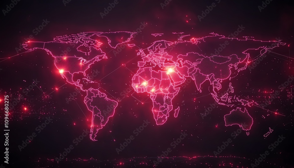 Poster global digital world map with glowing network lines on a dark background, 3d rendering, hightech vir