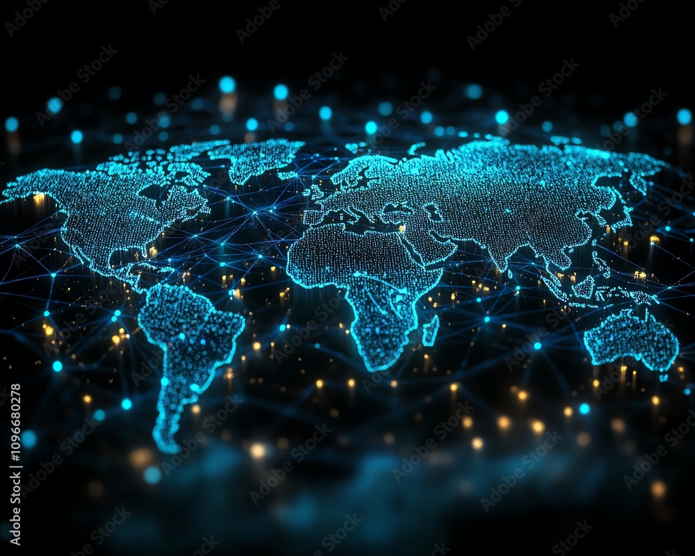 Poster glowing virtual network connecting a digital world map on a dark background, 3d rendering, cyber tec