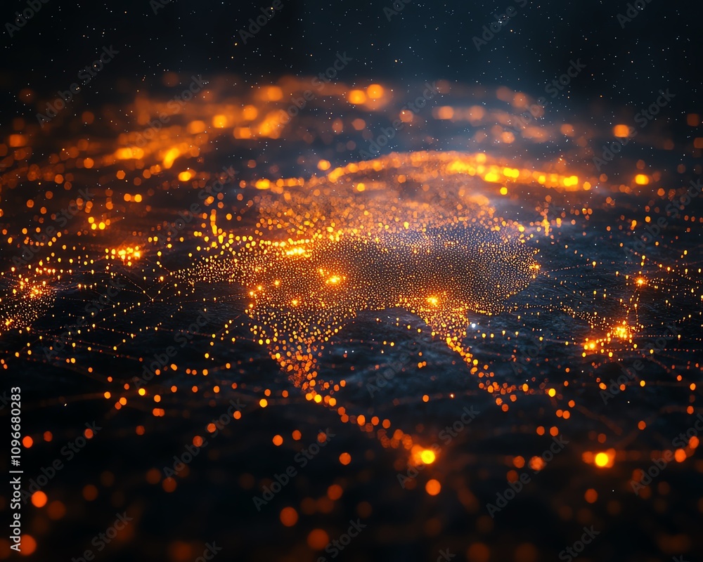 Poster glowing virtual network connecting a digital world map on a dark background, 3d rendering, cyber tec