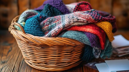 Colorful knitted sweaters in a wicker basket.