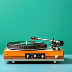Fototapeta premium A vintage-style turntable with a black vinyl record, set against a vibrant green background, showcasing retro design and timeless appeal.