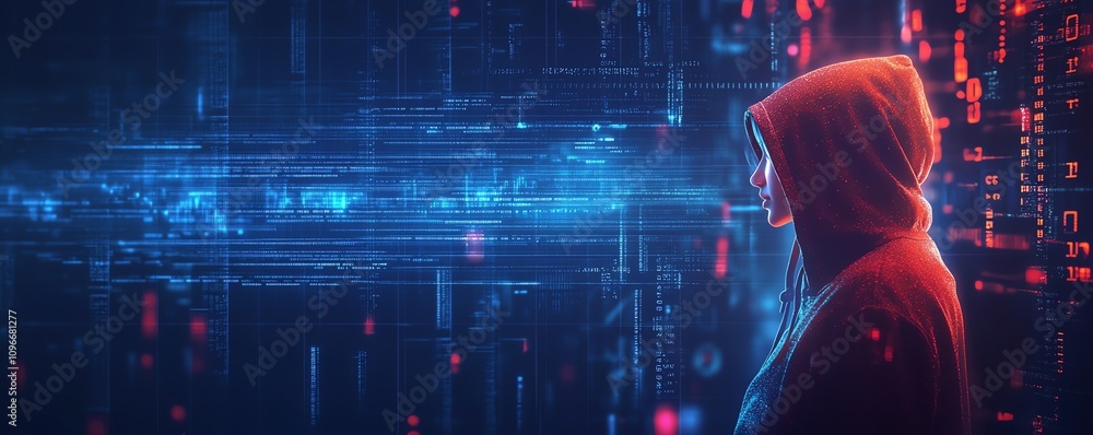 Aufkleber techsavvy hacker in a hoodie, surrounded by encrypted data, security alerts, and digital graphs, dar
