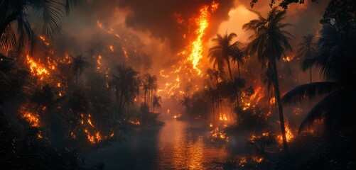 Minimalistic view of a jungle on fire, with a focus on the interplay of light and shadow
