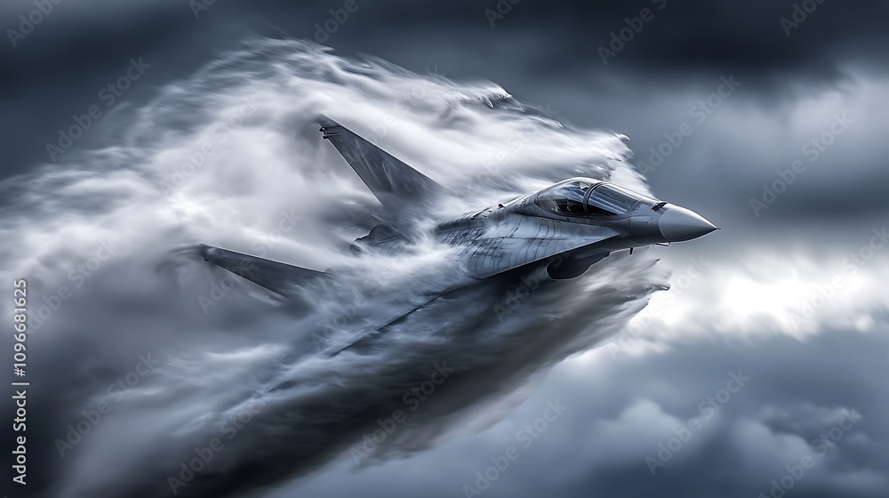 Aufkleber a fighter jet breaks through clouds, creating a dramatic display of vapor and motion.