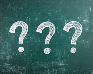 Three white question marks on a green chalkboard, chalk drawing, simple design, educational backdrop