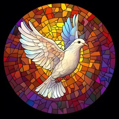 White dove in stained-glass style with orange, purple, and blue mosaic background.