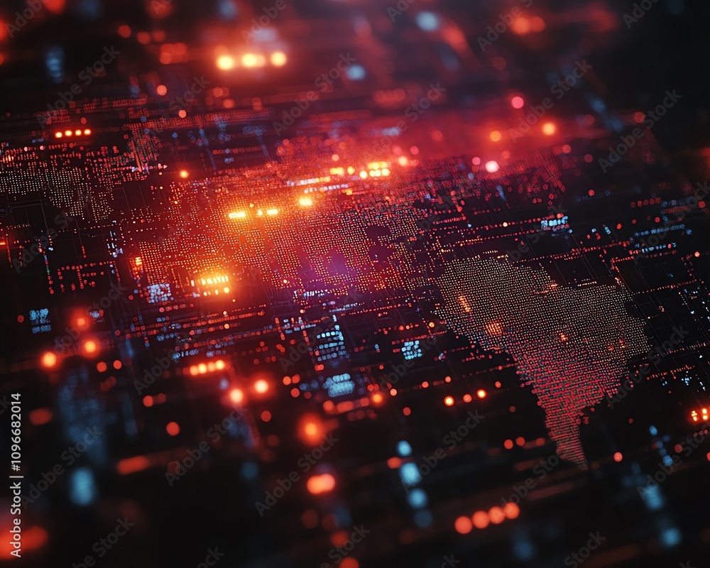 Poster virtual network glowing across a digital world map, dark background, 3d rendering, global connection