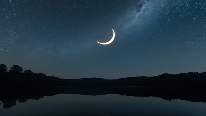 Naklejka premium Serene Night Sky Crescent Moon Reflecting on a Calm Lake