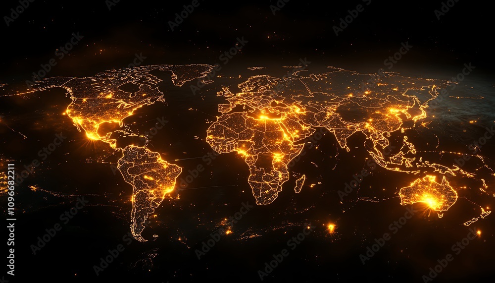 Poster 3d world map with glowing virtual connections, dark background, illuminated network lines symbolizin