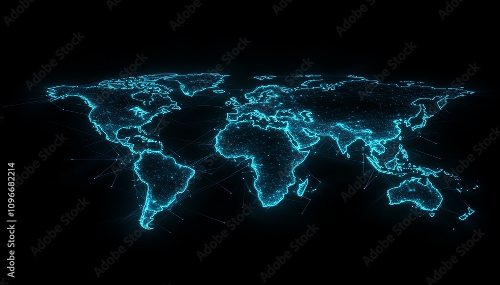 Poster 3d world map with glowing virtual connections, dark background, illuminated network lines symbolizin