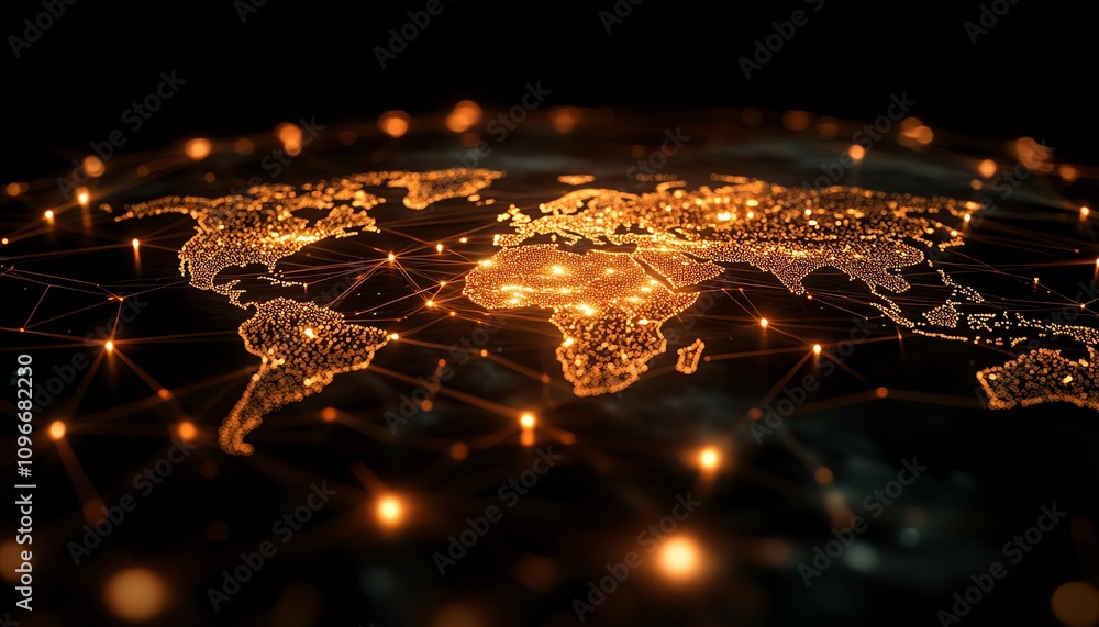 Poster 3d world map with glowing virtual connections, dark background, illuminated network lines symbolizin