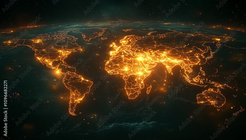 Poster 3d world map with glowing virtual connections, dark background, illuminated network lines symbolizin