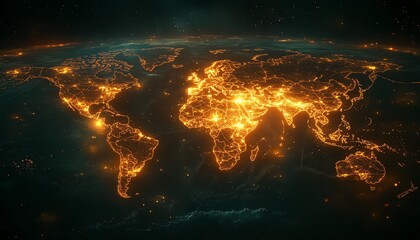 3D world map with glowing virtual connections, dark background, illuminated network lines symbolizing global digital reach