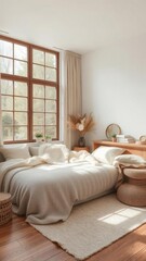 Cozy bedroom scene with large window, soft blankets and pillows, wood floors, and natural light, relaxation, decor, natural light