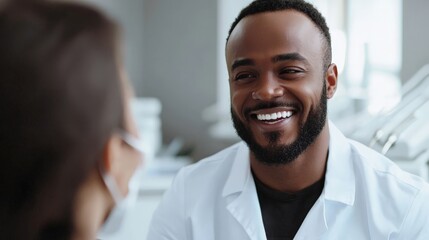 Obraz premium Dentist smiling while explaining dental care to a patient, feeling fulfilled