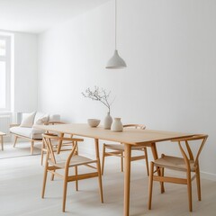 A modern, minimalist dining area featuring a wooden table, chairs, and subtle decor against a bright, neutral backdrop.