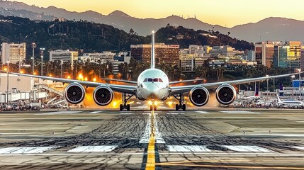 Fototapeta premium Airplane on the runway with city skyline during sunset, showcasing transportation and travel.