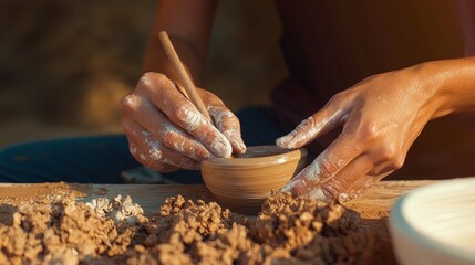 Craftsperson shaping clay pottery with hands, showcasing artisanal skills in a natural setting.