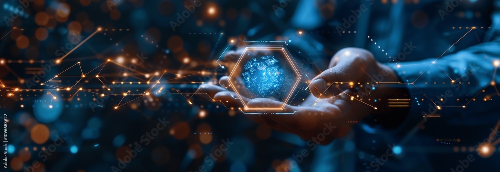 Poster businessman with ai virtual hexagon icon for machine learning big data technology digital transforma
