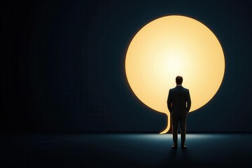 Obraz premium Businessman standing in front of a giant glowing idea tree, representing growth through creativity, idea growth, innovation in business