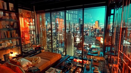 A cozy bedroom with a stunning city skyline view at night.