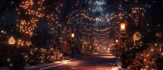 Naklejka premium Breathtaking outdoor setting adorned with twinkling lights whimsical ornaments and lush seasonal foliage creating a magical atmosphere for a festive