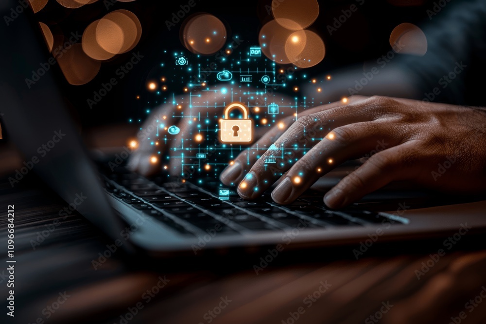 Poster businessman uses laptop for cybersecurity measures to protect personal data and secure internet acce