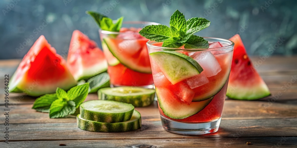 Poster refreshing watermelon and cucumber cocktail with mint garnish