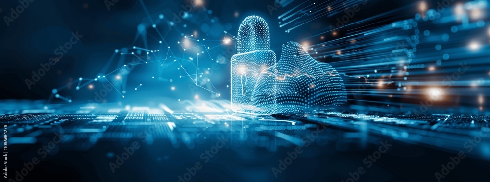 Poster digital fingerprint and padlock in blue tone for cyber security and data protection in futuristic bu