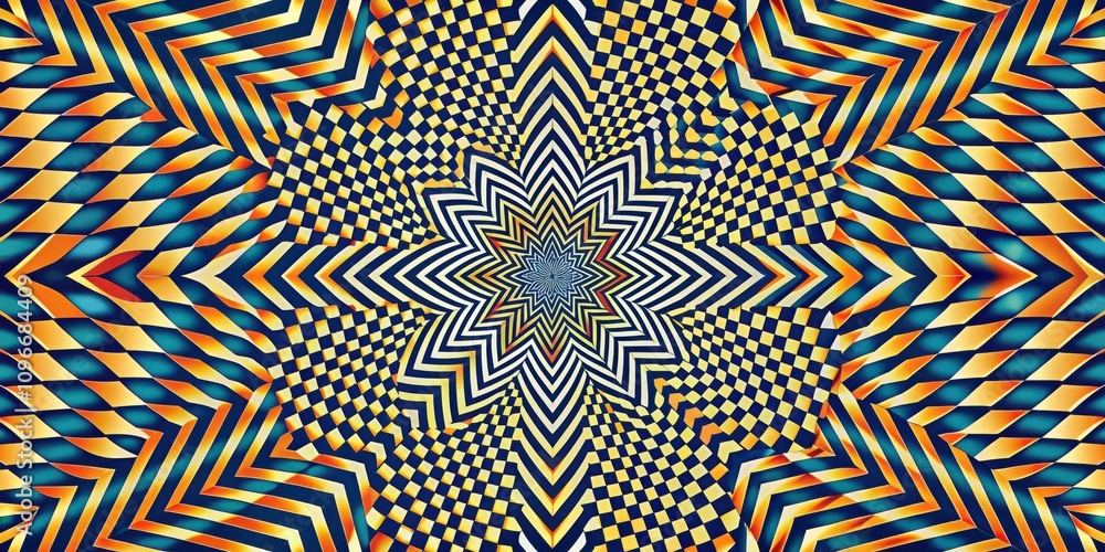 Fototapete A mesmerizing kaleidoscope of yellow, orange, and blue geometric patterns, creating a hypnotic and abstract visual experience.
