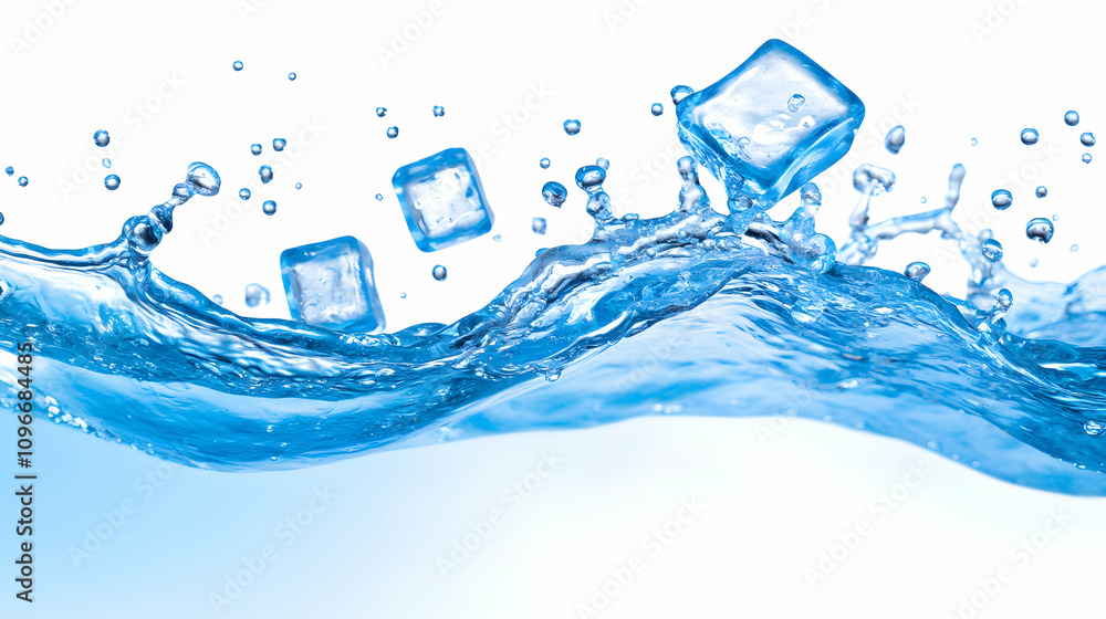 Poster refreshing image of ice cubes splashing into crystal-clear water, creating dynamic waves and bubbles