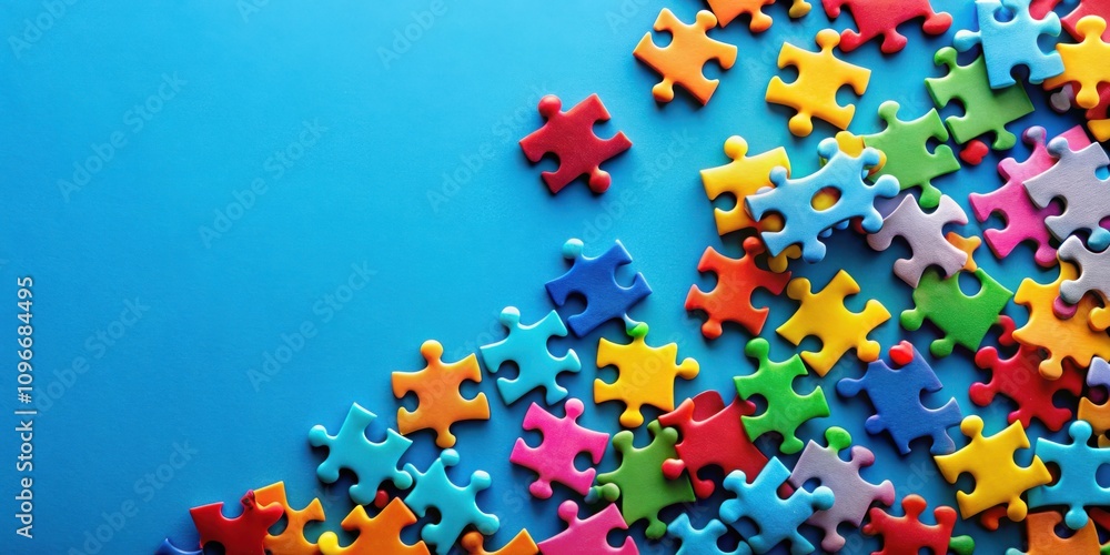 Poster a vibrant assortment of puzzle pieces, scattered across a calming blue backdrop, represent the intri