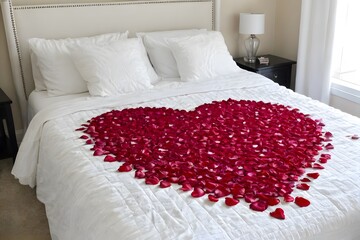 Valentine’s Day Bedroom Decor Rose Petal Heart on a White Bedspread