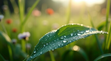 Highly detailed micro close-up of a dew-soaked leaf, with its veins and surface textures sharply defined. The background is a soft-focus bokeh, featuring hints of wildflowers, grasses, and dappled sun