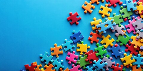 A vibrant assortment of puzzle pieces, scattered across a calming blue backdrop, represent the intricacies and possibilities of interconnected solutions.