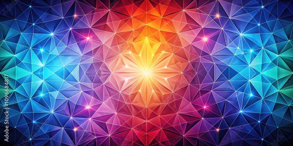 Poster A vibrant mosaic of triangular shapes with glowing light sources creates a dynamic and energetic abstract design.