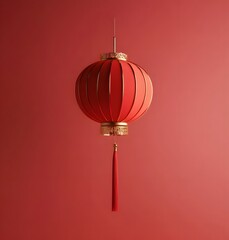 Fototapeta premium 3D realistic Chinese New Year lantern, red background, fit to frame, with a tassel on the bottom of it hanging in mid-air, golden decoration, minimalism, simple color scheme,