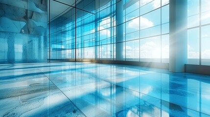 Obraz premium Modern Office Interior with Glass Windows and Blue Light, Abstract Background for Business Design