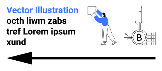 A man in blue holds a blank sign, black arrow points left, Bitcoin symbol with circuit lines. Ideal for finance, technology, presentation, education, advertising, infographics, and web design