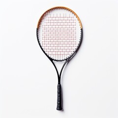 A modern tennis racket with an orange frame and wooden handle, depicted against a white background, ideal for sports equipment visuals.